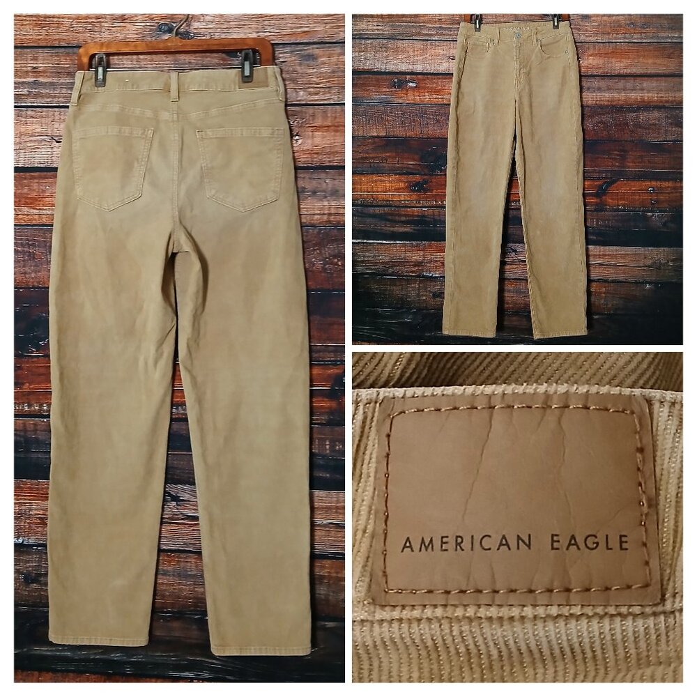 American Eagle Corduroy Pants 8 Long Mom Straight Jean Khaki Tan High Rise